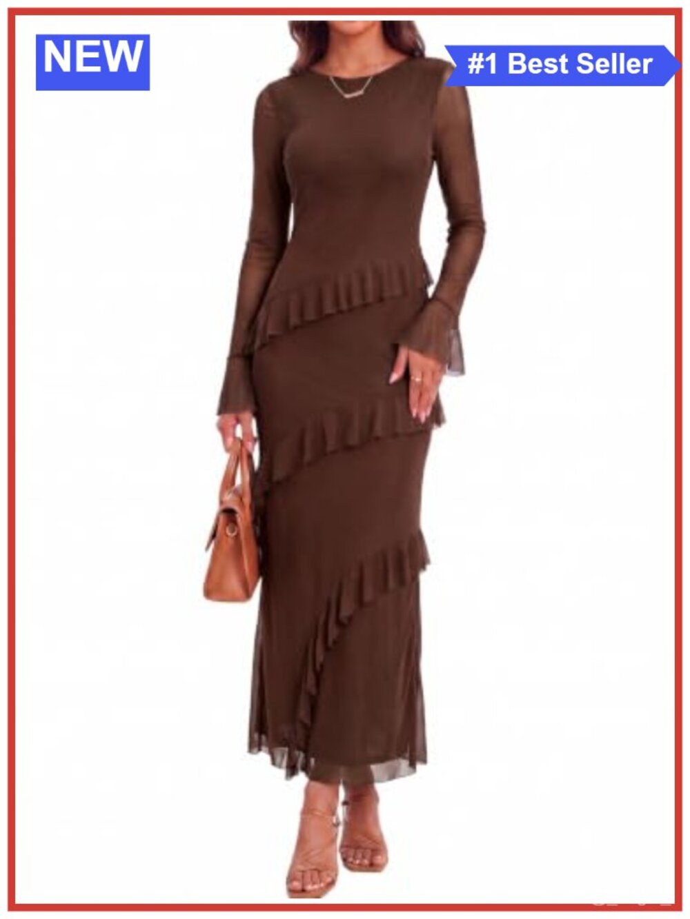 Womens Long Sleeve Maxi Dress Ruffle Semi-Sheer A-Line Party
